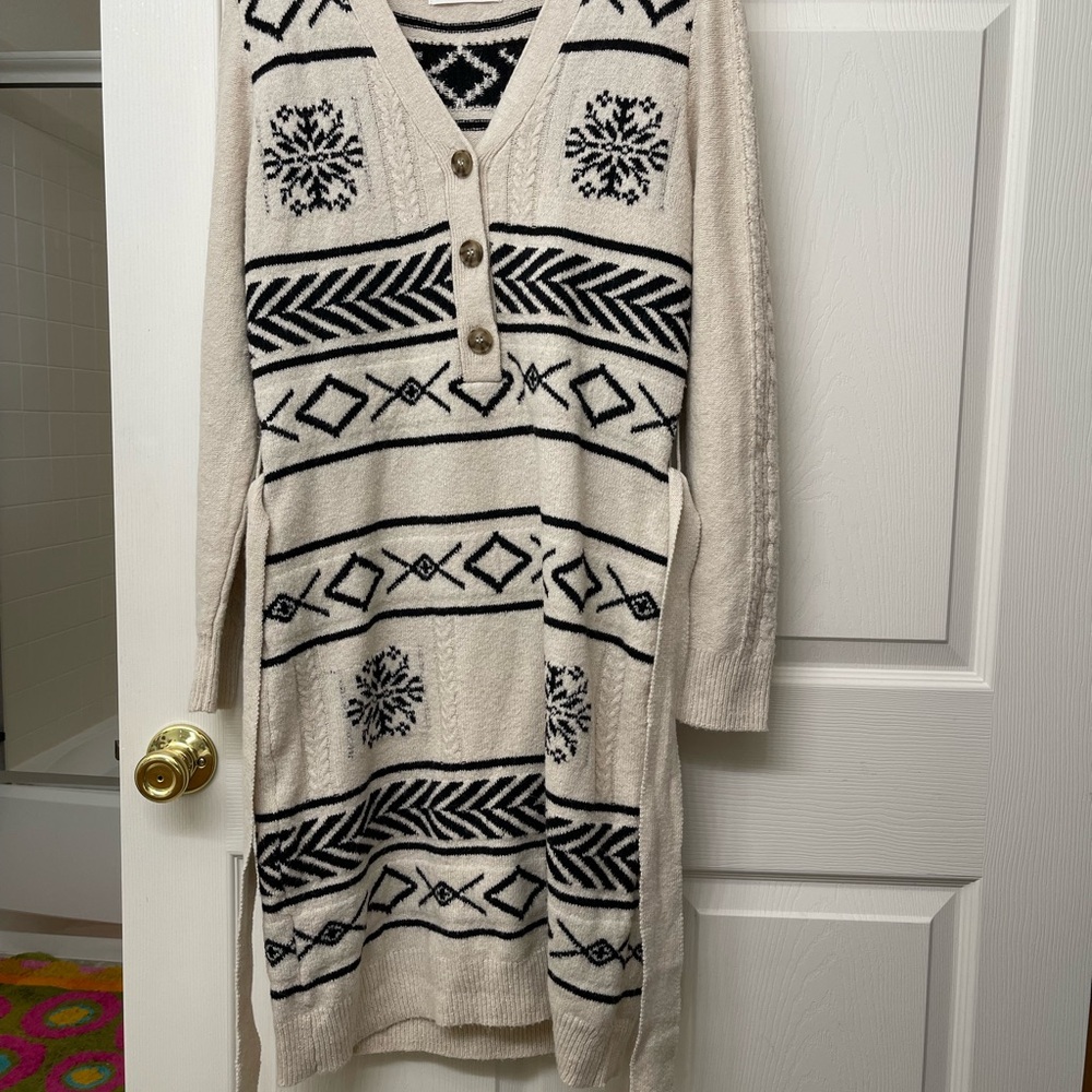 Cream and Black Patterned Sweater Dress